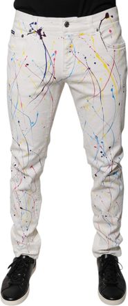 Dolce & Gabbana Mens White Splash Print Skinny Denim Jeans Cotton Elastane Clothing