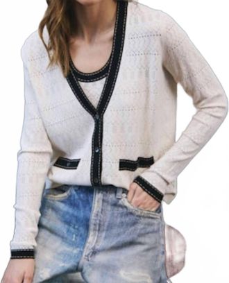 Autumn Cashmere Pointelle V-Neck Saddle Stitching Cardigan In Sand Combo