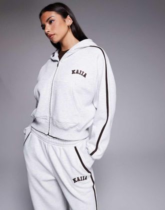 KAIIA Felpa con cappuccio grigio chiaro in misto cotone con zip e logo ricamato in coordinato