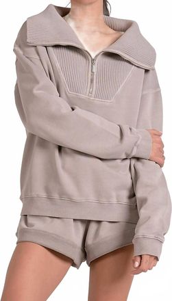 Elan Quarter Zip Oversized Collar Top In Heather Grey
