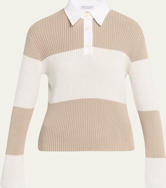 Brunello Cucinelli Shimmering Striped Cotton Rib Polo Sweater