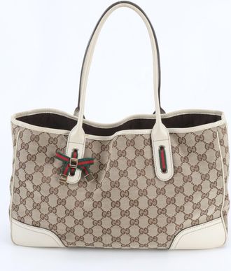 Gucci Beige Brown Ivory Leather Canvas Handbag Tote Bag (Pre-Owned)