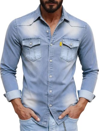 Generic Mens Denim Shirts Long Sleeve,Button Down - Fall Lapel Casual Cotton Shirts Regular Fit Trendy Basic Tops,for Light Blue XL
