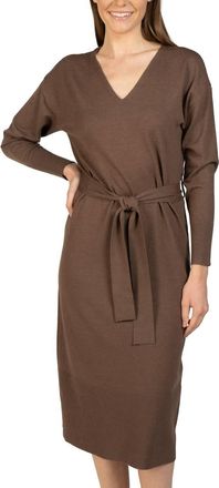 Love Token Knit Midi Sweater Dress With Tie Sash In Brown