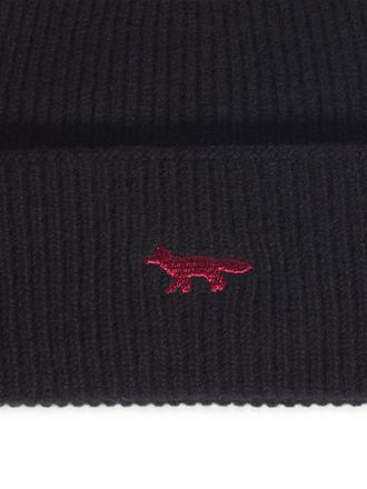 Maison Kitsun&eacute; Fox-Embroidered Wool Ribbed Knit Beanie - Black