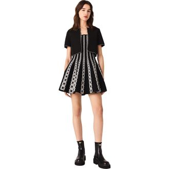 Maje Cropped short sleeve cardigan in Black/ecru at Nordstrom, Size X-Small