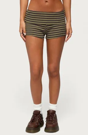 Edikted Jody Striped Foldover Micro Shorts in Gray-And-Olive at Nordstrom, Size X-Small
