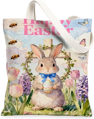 Generic Easter Floral Canvas Tote Bags, Bunny Pattern Reusable Grocery Bags, Spring Vintage Lightweight Washable Shoulder Strap Can, Multicolor, 13x15 Inch