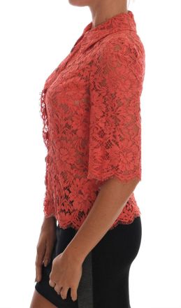 Dolce & Gabbana Womens Orange Crystal Buttons Floral Lace Blouse Cotton