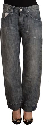 Acht Washed Ramie Straight blue Folded Hem Womens Jeans