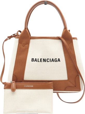 Balenciaga Beige Navy White Canvas Tote Bag (Pre-Owned)