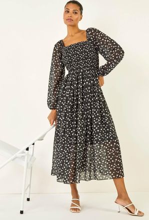 Roman Abstract Polka Dot Shirred Midi Dress