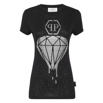 Philipp Plein Tops, Dames, Zwart, XS, Katoen, T-shirt Ronde Hals Pure Fit