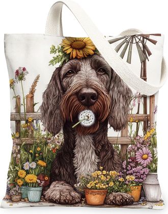 Generic Spring German Wirehaired Pointer Dog Canvas Tote Bag for Shopping 13x15, Farmhouse Country Puppy Reusable Grocery Print Bag for Women, Farm Pet Beach 