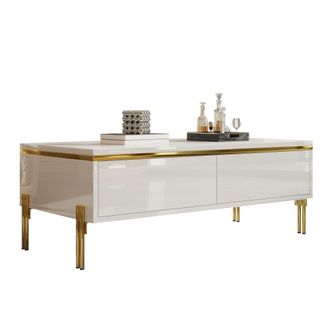 STILVORA Mesa De Centro Con 2 Cajones A Doble Cara, Blanco Brillo Y Detalles Dorados, Estilo Moderno, En Tablero De Part&iacute;culas, Blanco