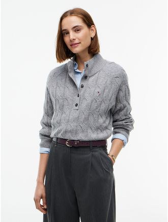 Tommy Hilfiger Womens Cable Knit Wool Mockneck Henley Sweater - Medium Grey Heather - XXS