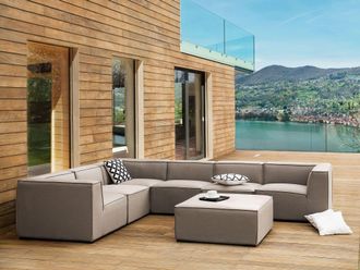 Beliani Sof&aacute; Esquinero 7 Plazas Modular De Poli&eacute;ster Beige Arena Negro Derecho Con Reposapi&eacute;s Arezzo
