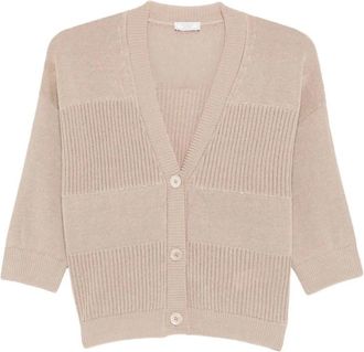 PESERICO Geribbelde cardigan met V-hals - Dames - Vesten - Beige - 3XL - Katoen - Truien & Vesten