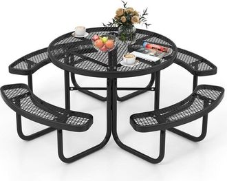 Costway Conjunto Mesa y Banco de Picnic de 8 Personas, Mesa Redonda de Metal Revestido, 4 Bancos y Orificio para Sombrilla, Mueble Jardín Terraza Exterior