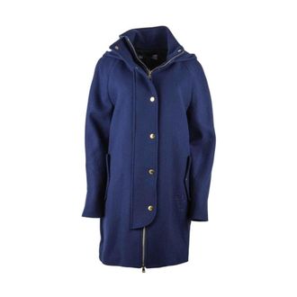 Love Moschino Parkas, female, Blue, Size: XS Blue Hooded Coat with Gold Accents