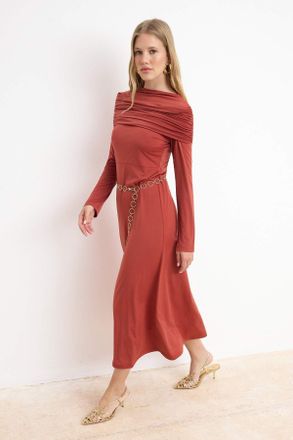 Trendyol Modest Dames Bruin Effen Maxi Lang Stijlvol/Avond A-lijn Modest Avond Jurken