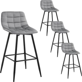 Woltu Woltu - Juego De 4 Taburetes De Bar Con Reposapi&eacute;s, Taburete De Bar/bistr&oacute;, Asiento De Terciopelo, Patas De Metal, Gris Claro