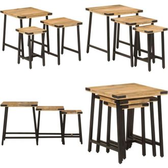 vidaXL Tavolini a Incastro 3 pz in Legno Massello di Mango e Ferro - Tavoli impilabili - Tavoli in legno mango