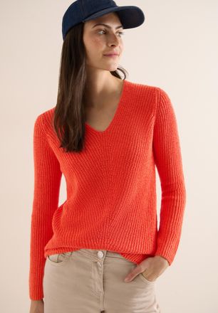 Cecil Strickpullover CECIL, Damen, Gr. XXL (46), cherry tomato orange, Strick, Obermaterial: 75% Baumwolle, 25% Polyester, unifarben, l&auml;ssig geschnitten h&uuml;f