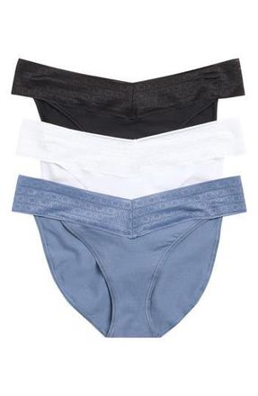 Calvin Klein 3-Pack Lace Trim Stretch Cotton Bikinis in Black /White/Scorched Denim at Nordstrom Rack, Size Medium