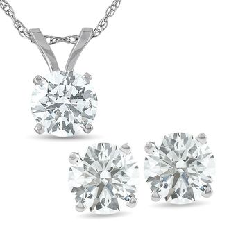 Pompeii3 2 Cttw Round Cut Diamond Solitaire Necklace & Screw Back Stud Earrings Set 14K White Gold