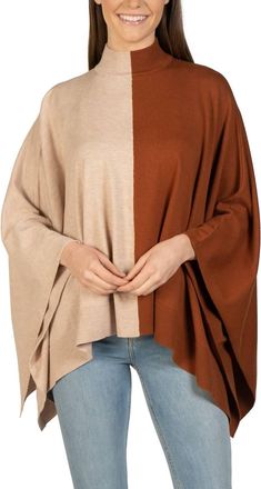 Love Token Two-Toned Mock Neck Poncho In Oatmeal/brick