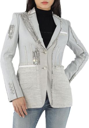 Burberry Grey Melange Technical Linen Blazer with Crystal Embroidery, Brand Size 6 (US Size 4)