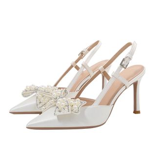Generic Women Pointed Toe Stiletto High Heels 8.5CM Detachable Bow White Satin Lace Tulle Pearls Rhinestones Wedding Evening Party-Numeric_10_Point_5
