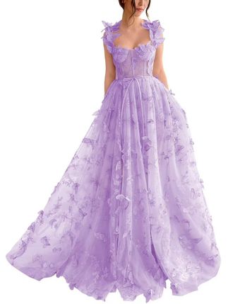Generic Womens Tulle Prom Dresses Long Lace Applique Ball Gown 3D A Line Butterfly Formal Evening Party Gown with Slit Lavender XXS