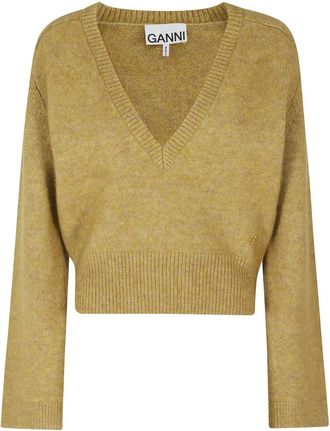Ganni Cotton Mix V-Neck - Dames - V-hals truien - Groen - S - Katoen - Truien & Vesten