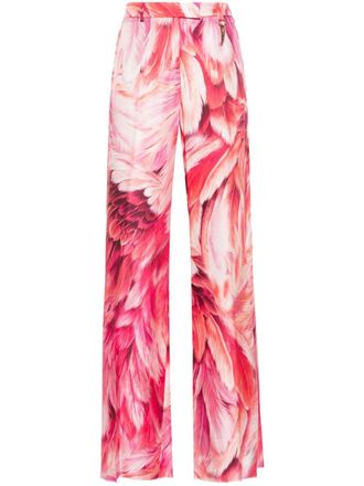 Roberto Cavalli plumage-print palazzo pants - women - Cotton/Viscose/Silk - 42 - Pink