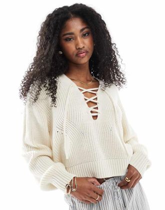 Miss Selfridge half lace up sweater in cream-White