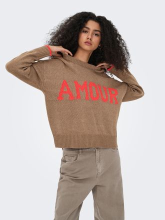 Only Rundhalspullover ONLY ONLNEW AMOUR LS TEXT O-NECK CS KNT, Damen, Gr. L, cocoa cr&eacute;me detail:fiesta amour, Strick, Obermaterial: 78% Polyacryl, 18% Poly