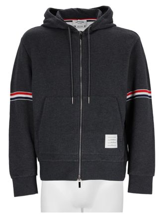 Thom Browne Grey Zip-Up Hooded Striped Cotton Sweatshirt