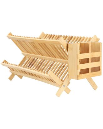 MegaChef 2-Tier Collapsible Bamboo Drying Dish Rack With Utensil Holder