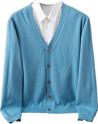 Generic Mens Plus Size Cashmere Cardigan Sweater Solid Color Knitted V-Neck Warm Wool Male Casual Coat Lake Blue