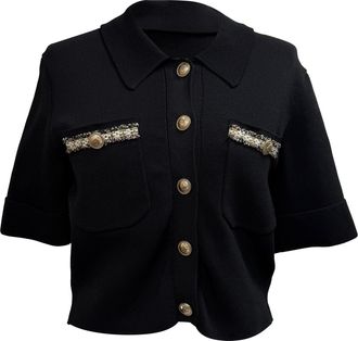 Maje Cropped Contrasting Cardigan Top in Black Viscose