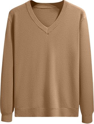 Generic Mens Jumper V Neck Long Sleeve T-Shirt Top Classic Soft Pullover Regular Fit Winter Sweater Casual Solid Color Workwear Sports Sweatshirt Coffee