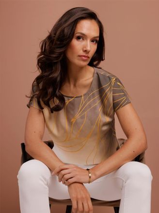 Cr&eacute;ation L Druckbluse CREATION L PREMIUM, Damen, Gr. 36, sand, goldfarben, bedruckt, 70% Viskose, 30% Seide, bedruckt, gebl&uuml;mt, gemustert, mehrfarbig, Rundhals, 