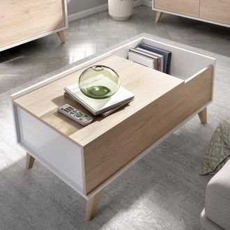 Dmora Mesita Dburs, Revistero De Sal&oacute;n Con Compartimento, Mesita Baja, 99x60h41 Cm, Roble Y Blanco - Dmora