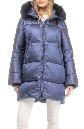 Gorski Apres-Ski Horizontal Jacket With Detachable Genuine Shearling Hood Trim in Ocean Blue/black at Nordstrom, Size X-Small