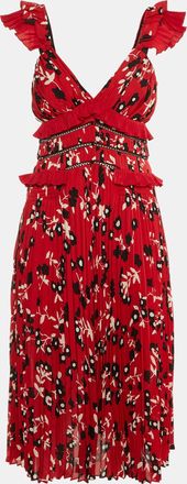 Self Portrait Red Floral Print Crepe Ruffled Midi Dress