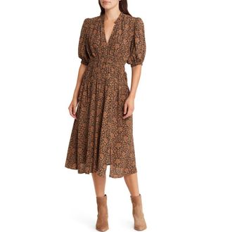 Treasure & Bond Split Neck Smock Waist Dress in Brown- Black Lora Vines at Nordstrom, Size Small