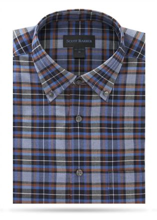 Scott Barber Mens Check Long-Sleeve Sport Shirt In Black, Mid Blue, Brown & Gray