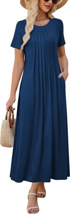 Kilig Cosmetics Summer Dresses for Women UK Short Sleeve Maxi Dress Ladies Pleated Long Dress with Pockets for Beach Vacation Navy Blue, L